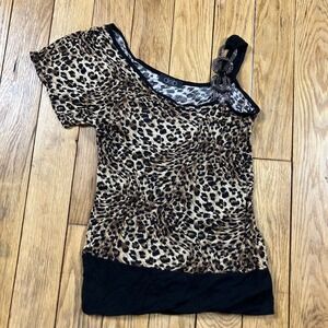 Y2K Deb Leopard Print One Shoulder Top Rhinestone Accent‎ Black Trim